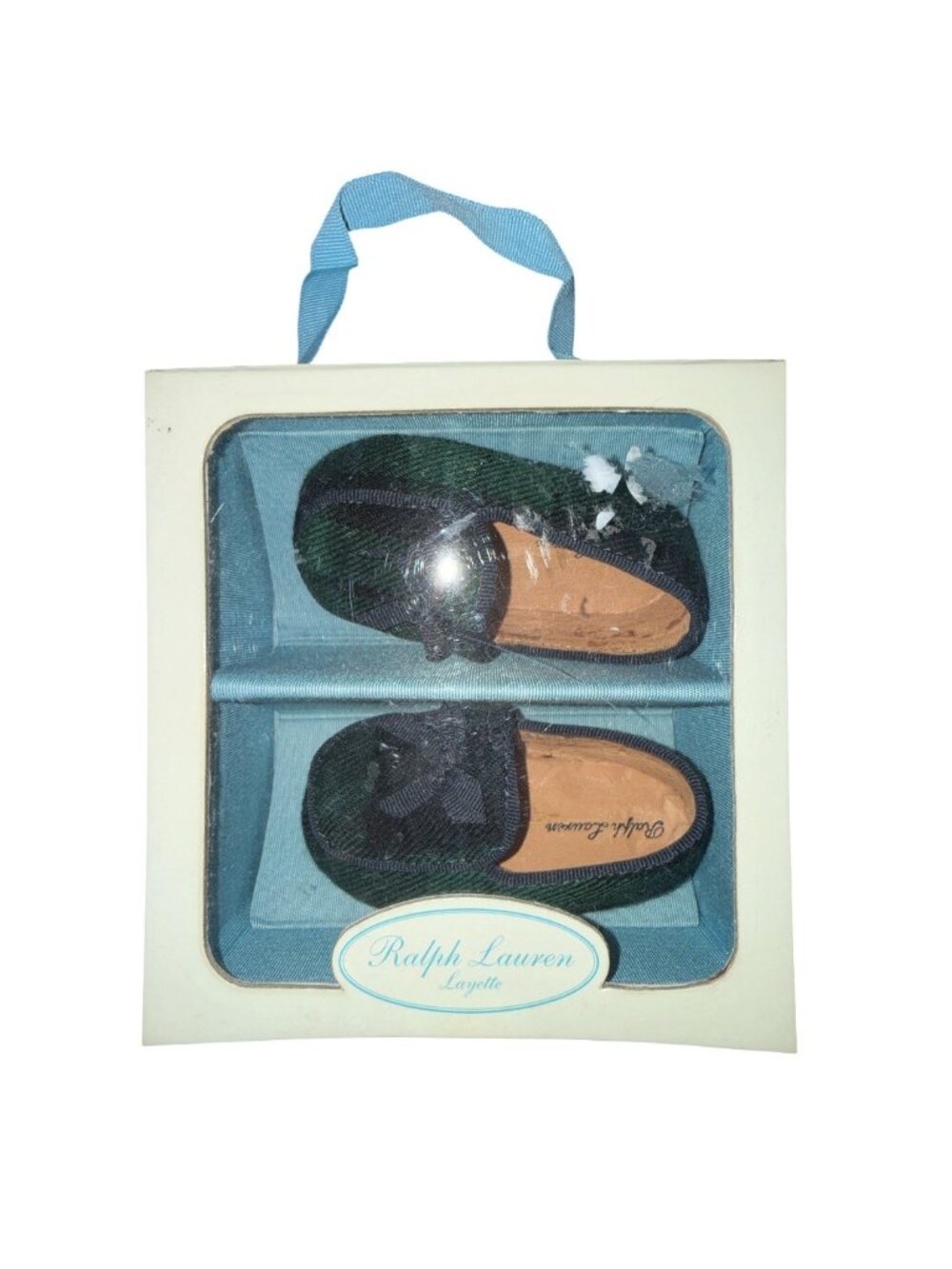 NIB Ralph Lauren Layette Baby Moccasins In Green & Navy Plaid With Bow Detailing